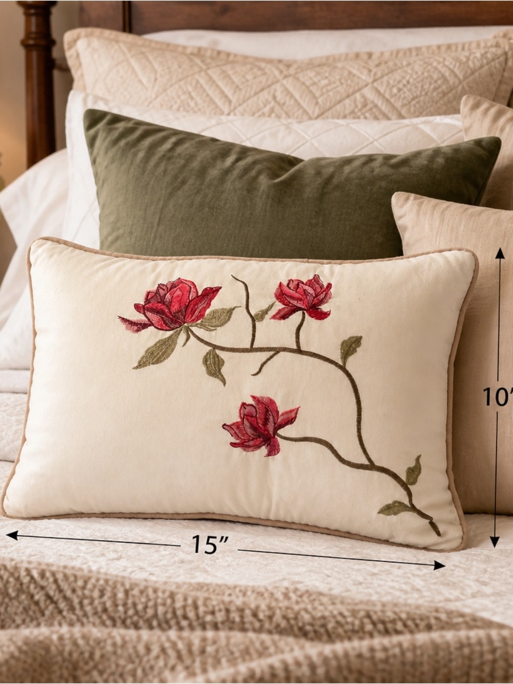 Embroidered Floral Lumbar Pillow | Cream w/ Red Roses Elegant Decorative Accent